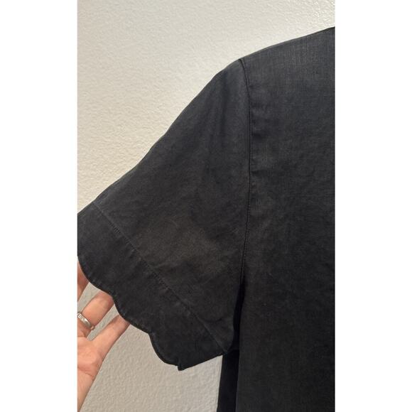 Vintage Oleg Cassini Linen Blouse Black Scalloped Button Front Short Sleeve - Picture 4 of 7